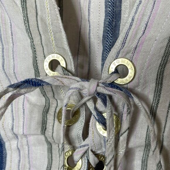 Tommy Bahama large linen blend top stripe Silver Metallic Boho 3/4 SLEEVE LACE - Picture 4 of 9